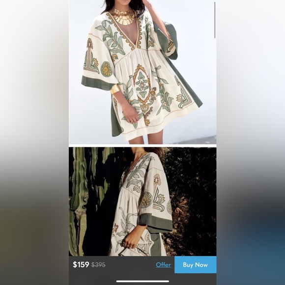 #173 Embroidered Linen Blend Cream and Sage Green Mini Dress - Picture 12 of 12